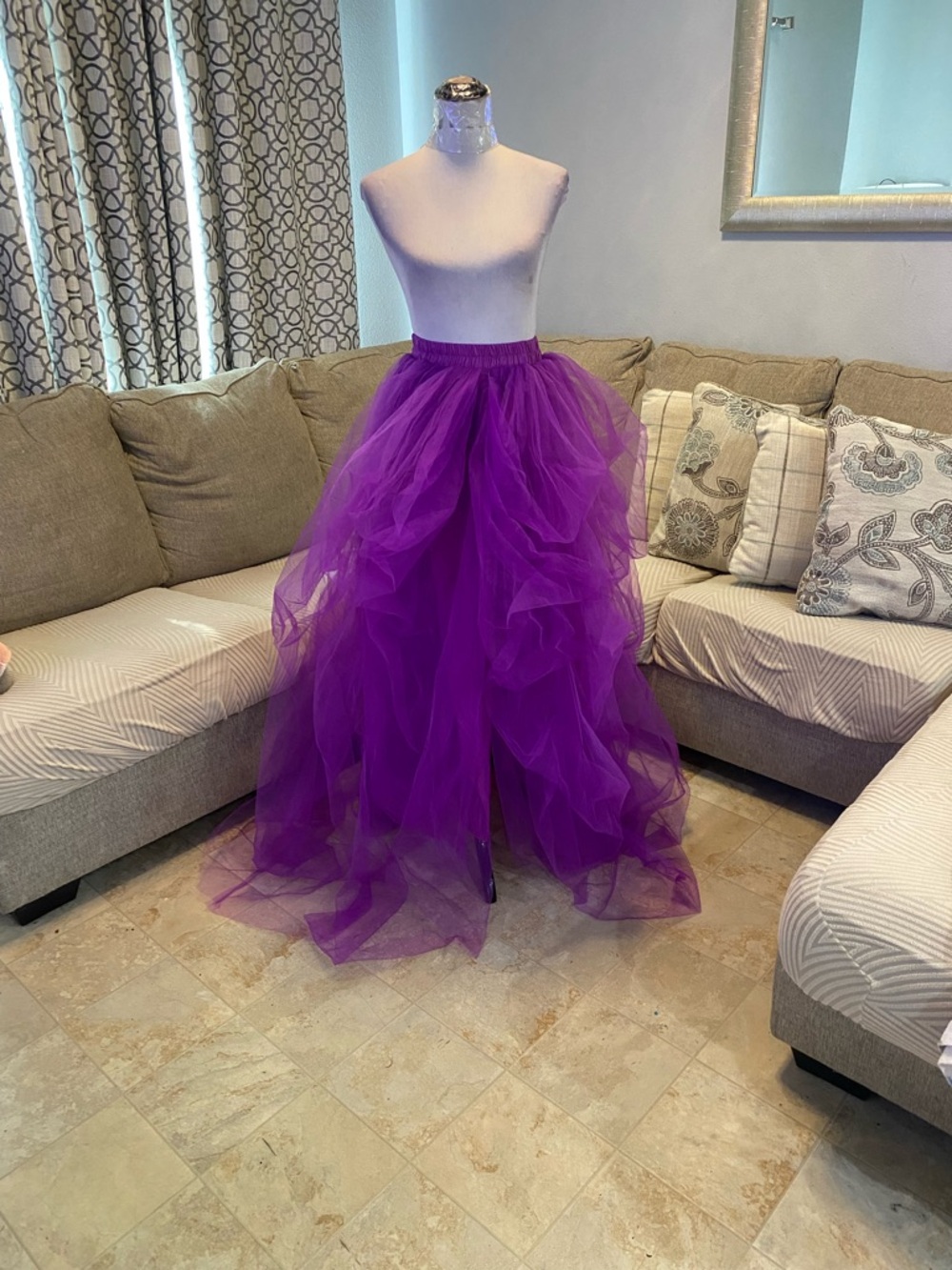 New Women Small Purple ruffled maxi tulle skirt with elastic waistband and Slit